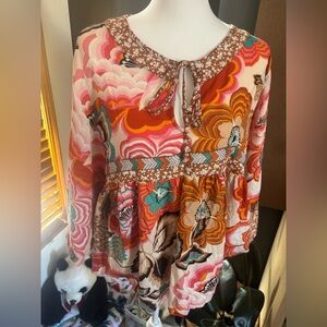 Ivy Jane Boho Floral Empire Waist Babydoll Tunic Top M/L